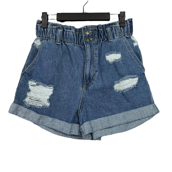 FOREVER 21 Pants - Forever 21 Sz L Jean Shorts Elastic Waist Distressed Rolled Hem Hi-Rise Blue Y2K